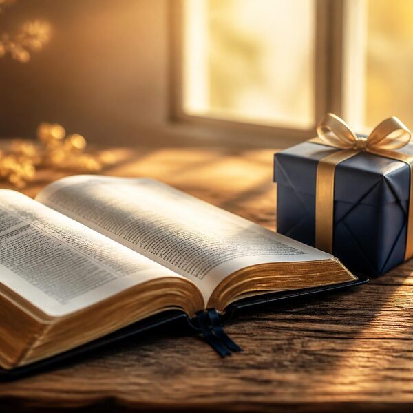 An open Bible on a wooden table beside a gift wrapped in navy paper and gold ribbon