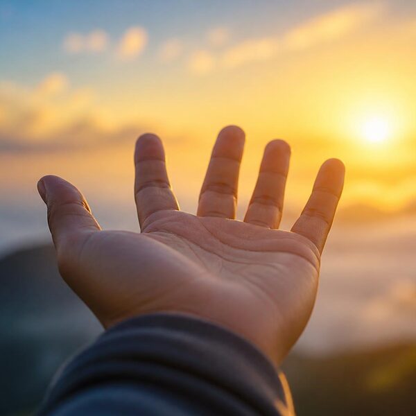 An open hand reaching up toward the rising sun above the clouds