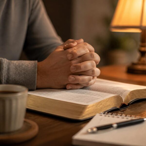 Hands folded in prayer over an open Bible in warm lamplight